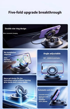 Car phone mount with double star ring, 360° adjustable angle, nano gel base, automatic card slot for all phones