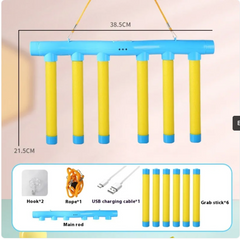 Blue and yellow hanging grab stick game with 6 sticks, rope, USB cable, hooks, and main rod for family fun