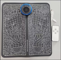 EMS foot massager mat with digital control, remote, and USB cable for relaxation and therapy
