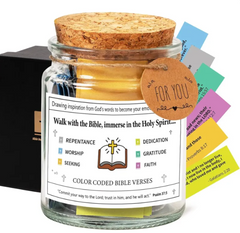Color-coded Bible verse cards in glass jar with cork lid, perfect faith-based gift for inspiration and spiritual growth