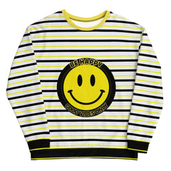 Striped sweatshirt with yellow smiley face saying 'Be Happy Good Vibes Only' for cheerful gifts