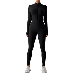 Black long-sleeve zip-front bodysuit with white sneakers, ideal for fitness or casual wear