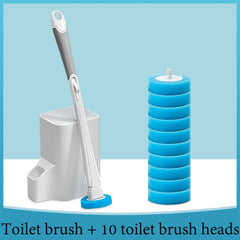 Toilet brush with holder and 10 blue replacement heads for bathroom cleaning