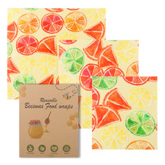 Reusable beeswax food wraps with citrus fruit pattern, eco-friendly and biodegradable kitchen wrap set