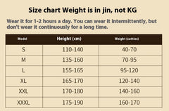 Size chart for wearable product showing height in cm and weight in jin, with usage tips