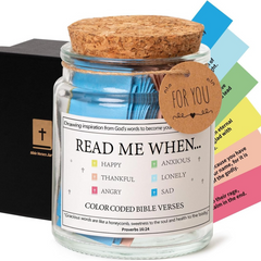 Read Me When Bible Verses Jar with color-coded cards for happy, sad, anxious moments, perfect gift