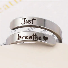 Silver 'Just Breathe' ring with heart engraving, inspirational gift for her