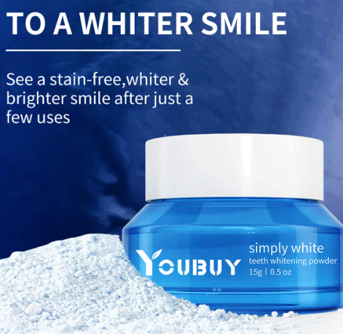 Simply White teeth whitening powder in blue jar with white lid, promotes stain-free brighter smile