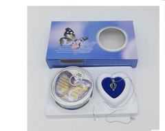 Heart-shaped blue pendant necklace with gift box and decorative tin, perfect family gift set