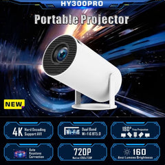 HY300PRO portable projector with 4K decoding, Wi-Fi, 720P native resolution, and 160 ANSI lumens brightness