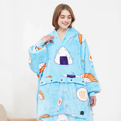 Cozy blue sushi-themed hooded blanket with onigiri and salmon print, perfect for lounging or gifting