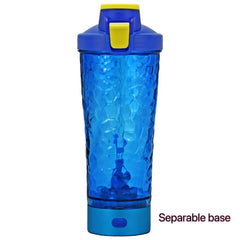 Blue textured shaker bottle with yellow lid and separable base for easy cleaning