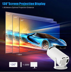 130-inch screen projector display with 1.68m optimal distance, showing vibrant car image for home theater gifts