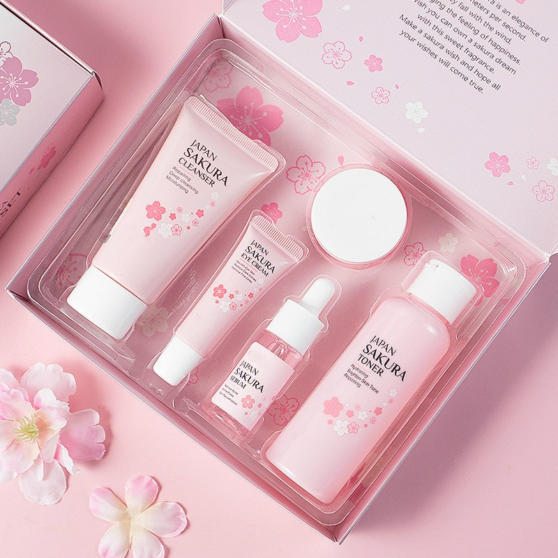 Japan Sakura skincare gift set with cleanser, toner, serum, eye cream in pink cherry blossom box