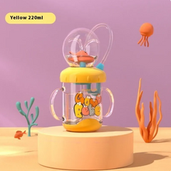 Yellow 220ml kids' sippy cup with underwater theme, dual handles, and playful sea creature design
