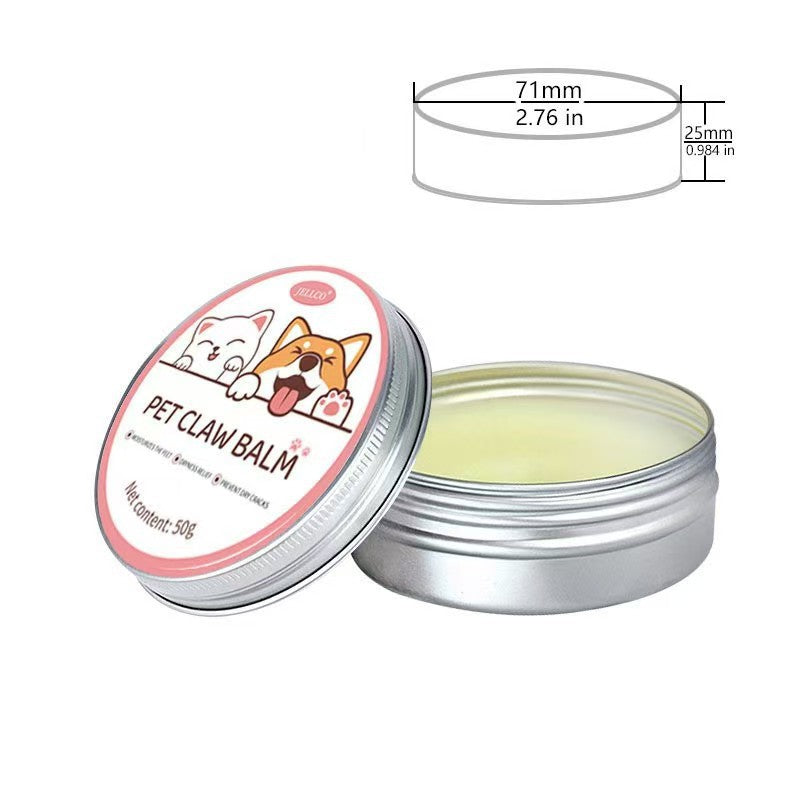 Pet claw balm in 50g tin with cute cat and dog design, soothing paw care for pets