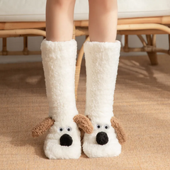 Fluffy white dog-themed cozy socks with cute face design, perfect for family gifts