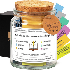 Color coded Bible verse jar with inspirational quotes, perfect Christian gift for faith, gratitude, and devotion