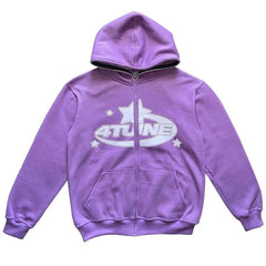 Purple zip-up hoodie with 4TUNE logo and star design, perfect for casual wear