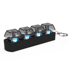Mini RGB mechanical keyboard keychain with glowing blue switches and clear keycaps