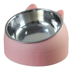 Pink cat-shaped pet bowl with stainless steel interior, cute design for cats or small dogs