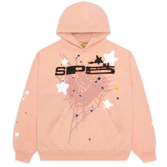 Pink hoodie with star print and spiderweb design, cozy casual wear for teens and adults