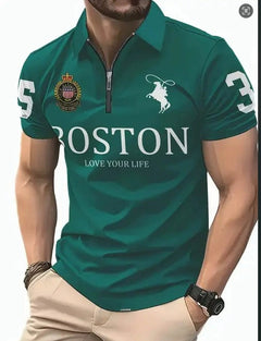 Green Boston polo shirt with 'Love Your Life' slogan, horse logo, and number 3 on sleeve