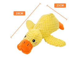 Yellow knitted duck plush toy with orange beak, 28cm long, soft stuffed animal for kids