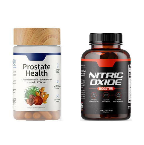 Prostate Health and Nitric Oxide Booster supplement bottles for wellness support