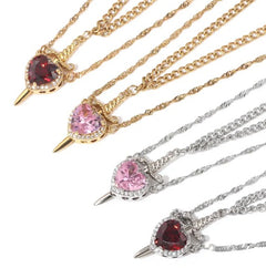 Heart spike pendant necklaces in gold and silver with pink and red gemstones, perfect gift for her