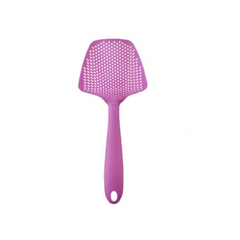 Purple plastic strainer with perforated head and ergonomic handle for kitchen use
