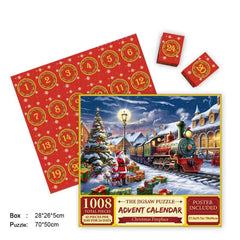 1008-piece Christmas advent calendar jigsaw puzzle with Santa, train, and snowy village scene