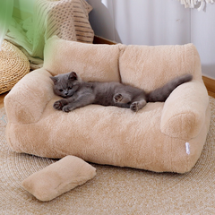 Cozy beige plush cat sofa bed with gray kitten lounging, perfect pet gift for home comfort