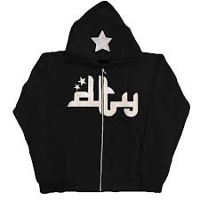 Black zip-up hoodie with white star and Arabic script design, stylish gift for family