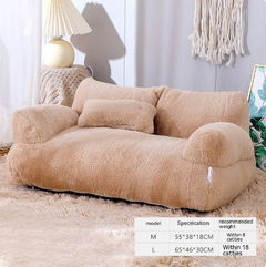 Cozy beige fluffy pet sofa bed for cats, soft plush design with cushioned backrest, perfect for small to medium pets