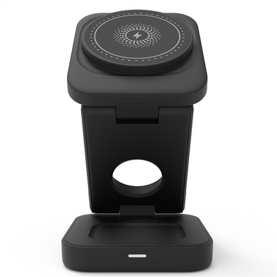 Black 3-in-1 wireless charging station for phone, watch, and earbuds, perfect gift for tech lovers