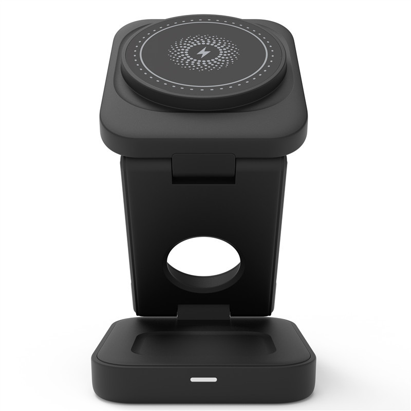 Black 3-in-1 wireless charging station for phone, watch, and earbuds, perfect gift for tech lovers