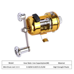 Gold mini drum fishing reel with silver handle, high strength plastic, 2.1:1 gear ratio for portable fishing gear
