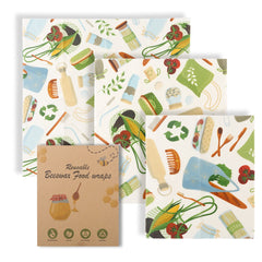 Reusable beeswax food wraps with eco-friendly kitchen print, sustainable food storage solution
