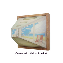 Wood-framed beach balcony wall art with striped chairs, sky view, includes Velcro bracket for easy hanging