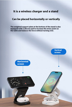 Wireless phone charger stand with horizontal and vertical screen options, charging AirPods case