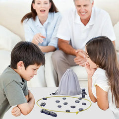 Family playing fun tabletop game with magnetic pieces and drawstring bag, perfect for kids and adults