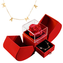 Red rose in clear box with gold letter necklace, perfect gift for mom or loved ones