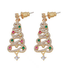 Gold Christmas tree earrings with colorful gemstones and diamond accents, festive holiday jewelry gift