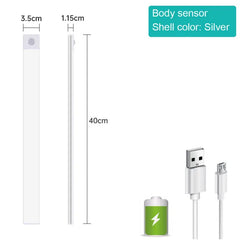 Silver body sensor light, 40cm long, USB rechargeable with battery indicator