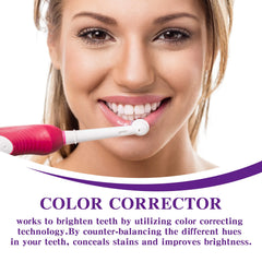 Smiling woman using red electric toothbrush for teeth whitening with color corrector technology