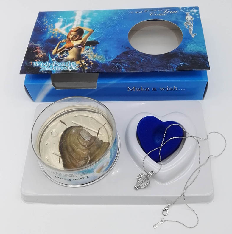 Wish Pearl Necklace gift set with mermaid box, heart display, and live oyster for surprise pearl