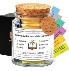 Color-coded Bible verse jar with inspirational quotes, cork lid, and 'For You' tag—perfect faith-based gift