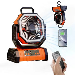 Portable orange fan with remote control, USB charging, and hanging hook for outdoor use