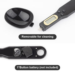 Digital kitchen spoon scale with removable bowl, LCD display, and button battery compartment